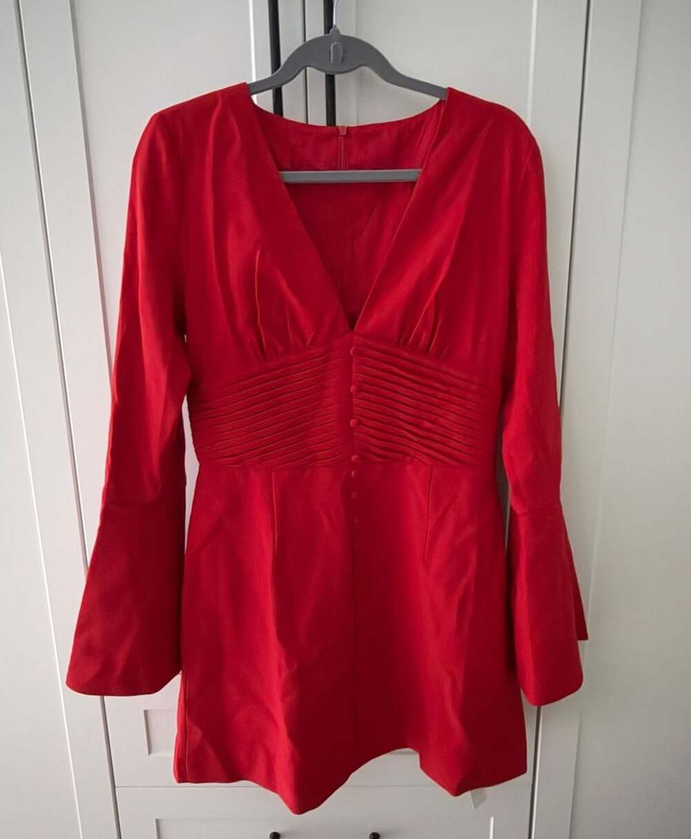 Commense Red Deep V Ruched Bell-Sleeve Mini Dress - Picture 6 of 8